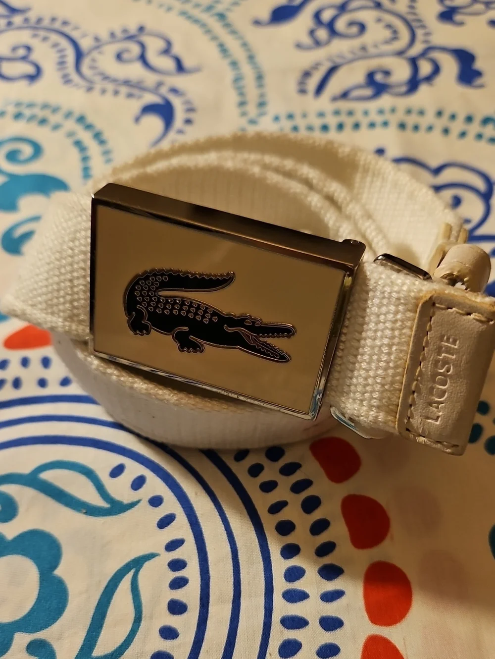 Lacoste White Textile Belt with Silver Croc Buckle